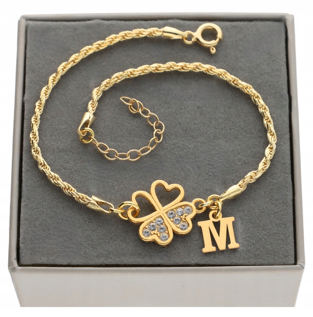 Zlatý náramek čtyřlístek Písmenko s jetelem pro štěstí stříbro 925