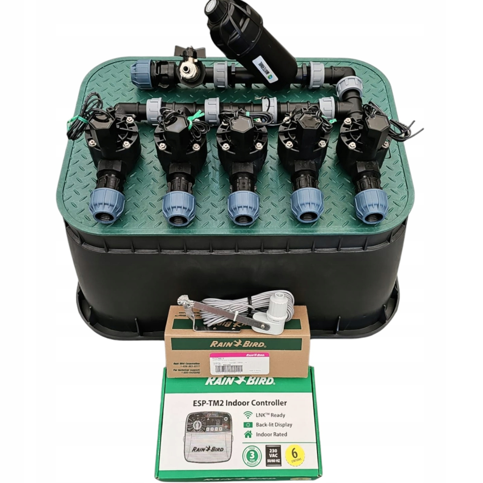 Zestaw Rain Bird Hv 5 sekcji z filtrem Sterownik TM2 Czujnik deszczu Pe 25