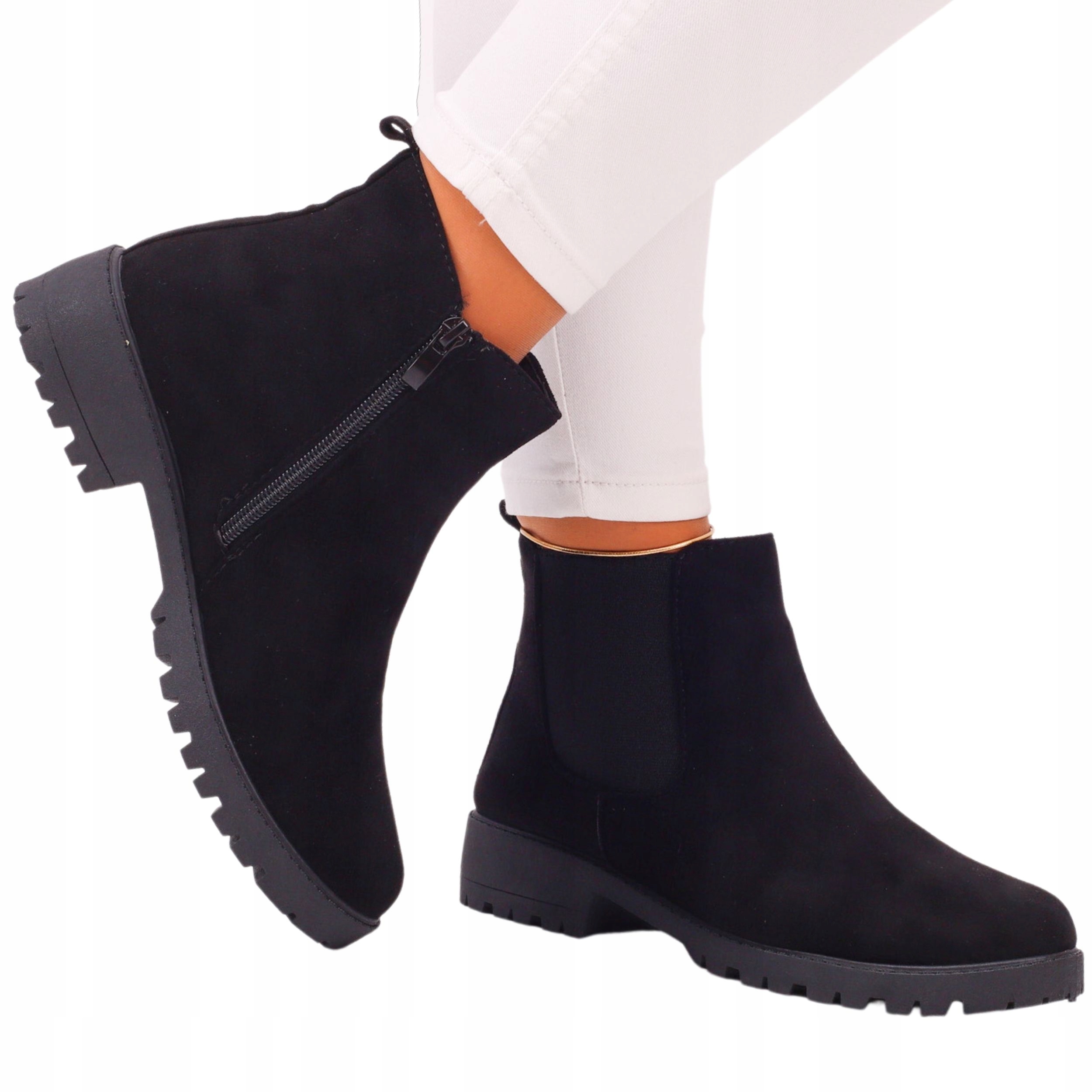 SZTYBLETY BOTKI DAMSKIE CZARNE PŁASKIE