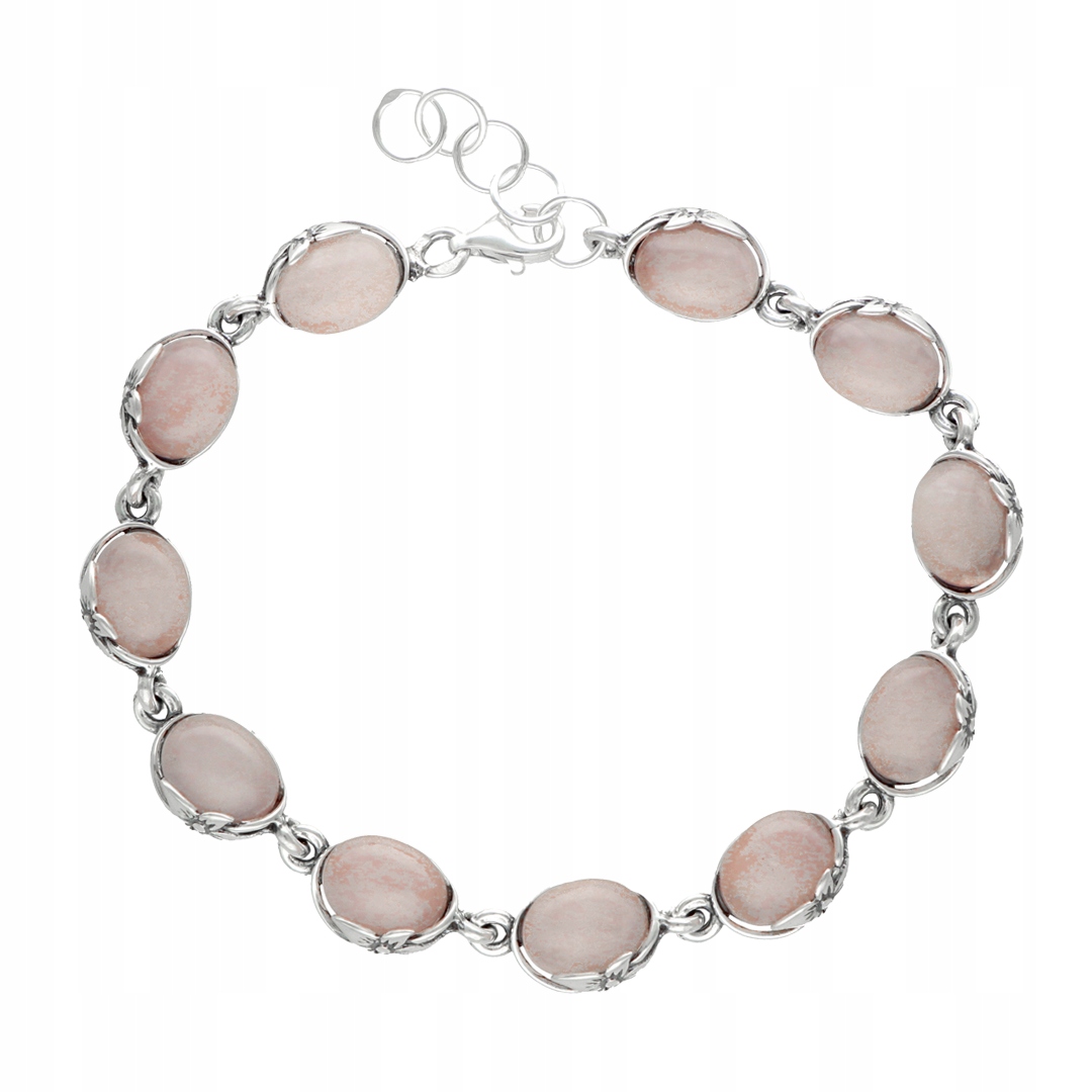 Náramek s růžovým křemenem a květinovým motivem, stříbro