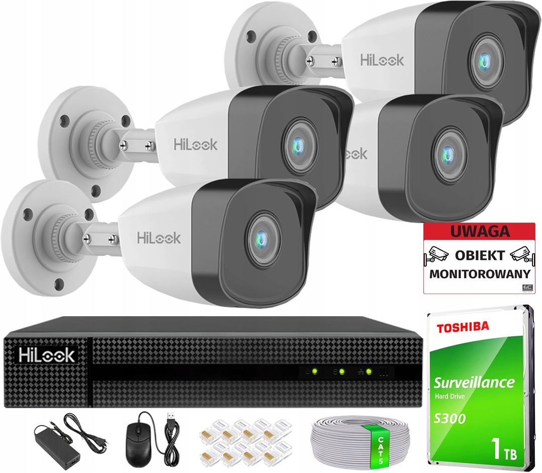 HiLook Sada pro monitorování 4 kamer 2K+ Detekce 2.0 WDR120dB IR30m 1TB
