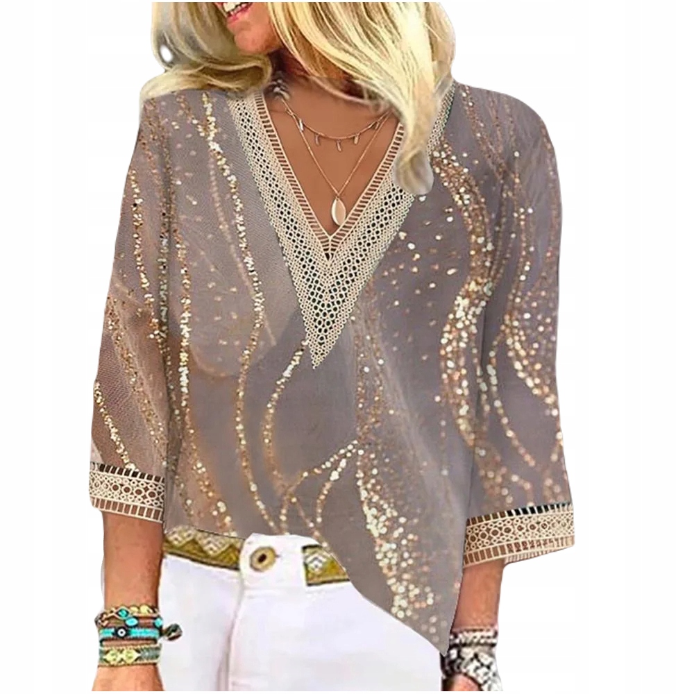 ELEGANCKA BLUZKA DAMSKA RĘKAW 3/4 KORONKOWA WIZYTOWA NADRUK WIOSENNA Stan opakowania oryginalne