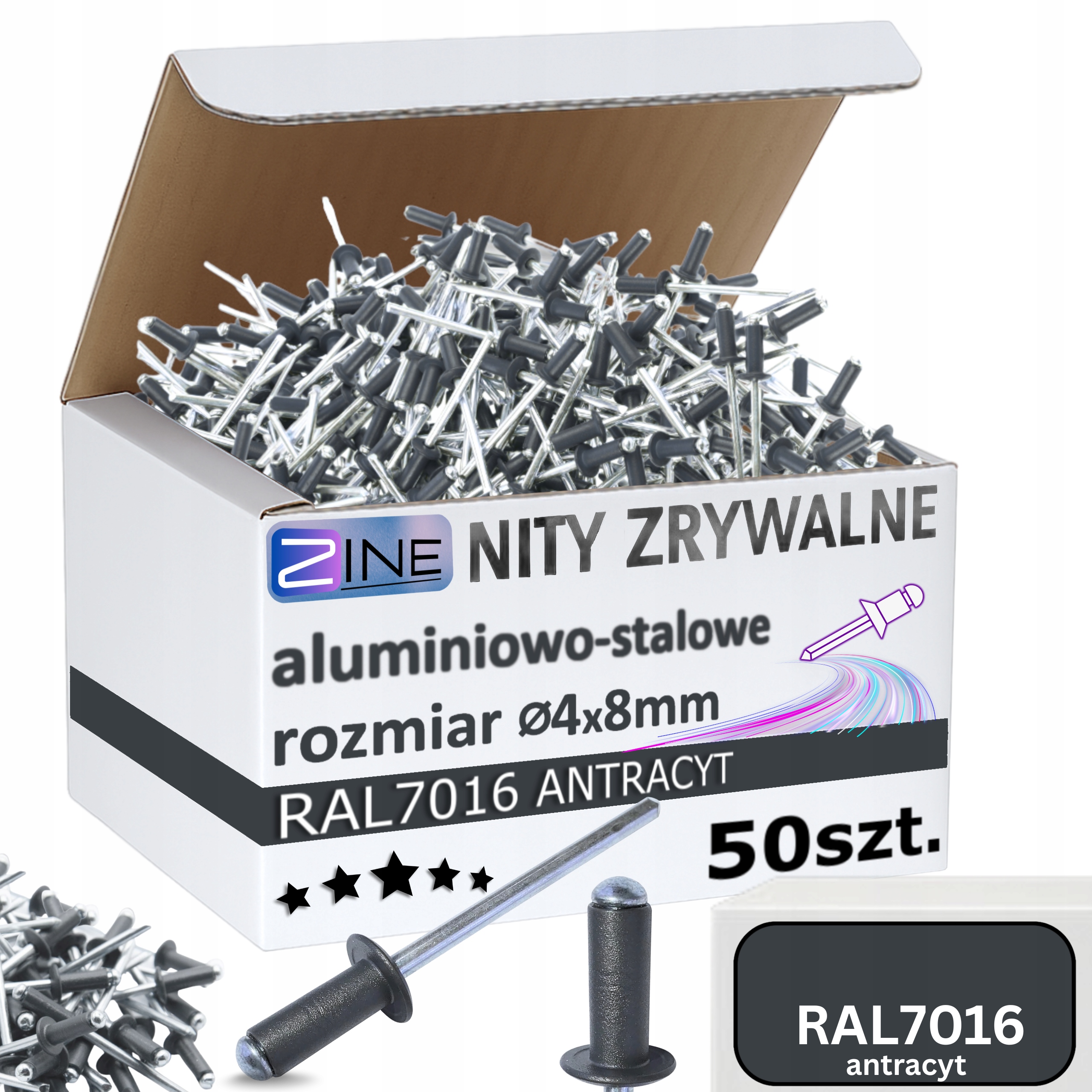 Nity Zrywalne 4x8mm Antracyt Kolor Ral 7016 Szary Grafit Zine 50 sztuk