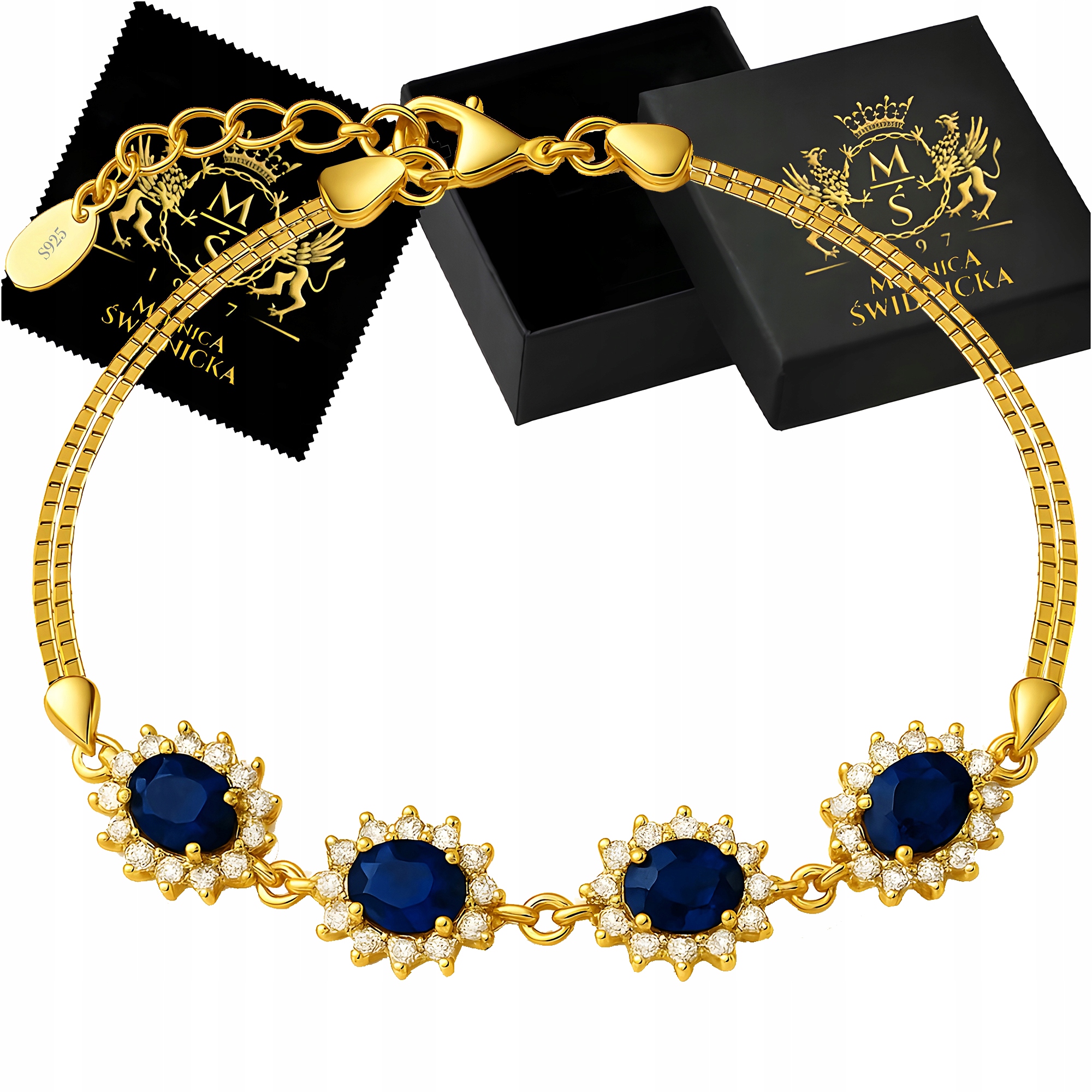 Stříbro náramek 925 se safírovými krystaly, pozlacený Stříbro Dárek