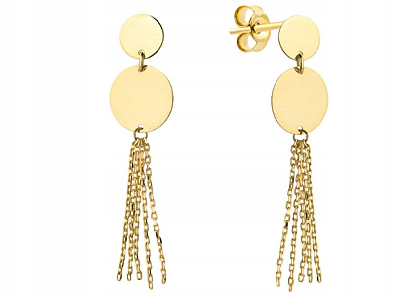 Zlaté náušnice 585, kolečka s řetízky, zapínání na tyčku s kuličkami