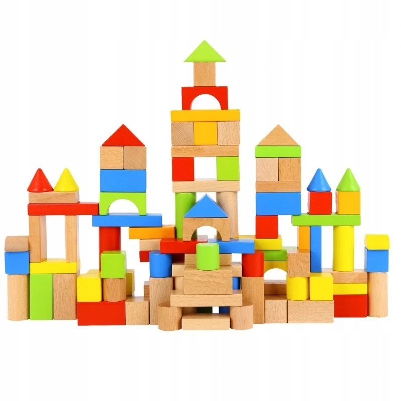 KLOCKI DREWNIANE MIASTO SORTER KREATYWNA ZABAWA KOLOROWE ELEMENTY 100 SZT Bohater brak