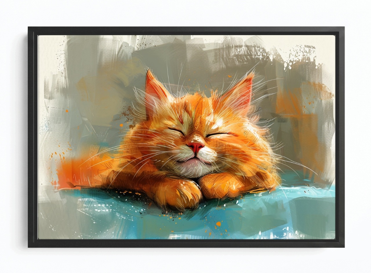 Obraz Rám Americká Krabička Grafika Kresba Rudá Kočka Kotě Sen Úsměv 60x40