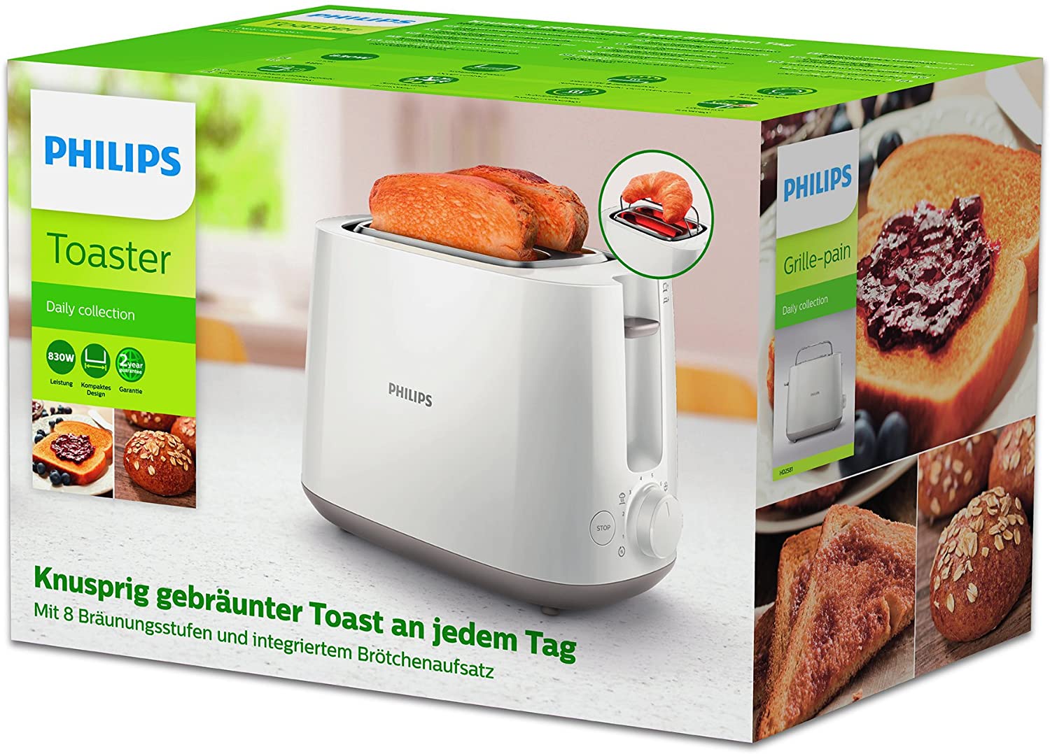 PHILIPS Toster 2 Kromki 8 Stopni Z Podgrzewaczem Funkcja Rozmrażania Biały — miniatura 12