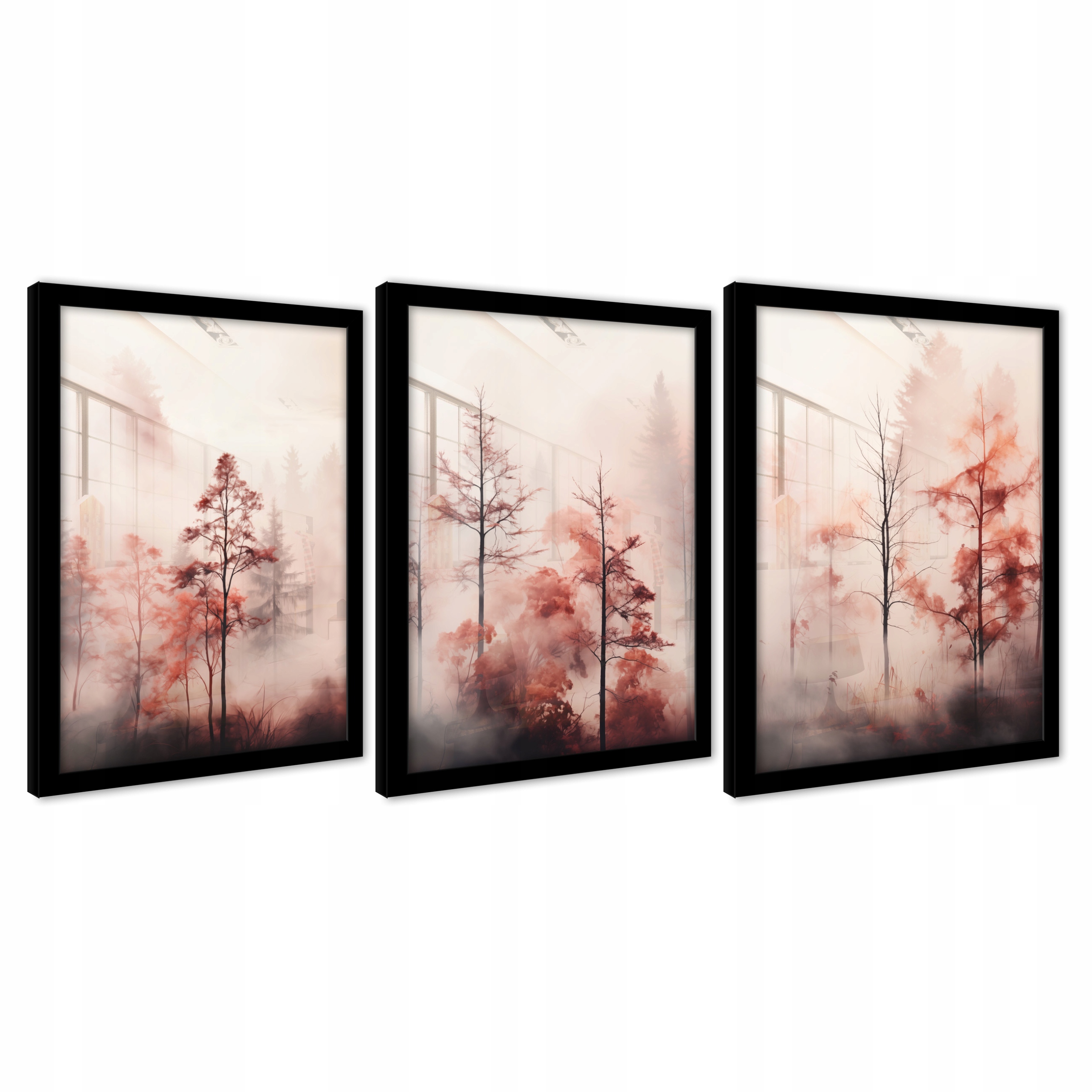 Obrazy Na Stenu V Čiernom Ráme Plagáty Triptyk Les V Hmle Stromy 103x219