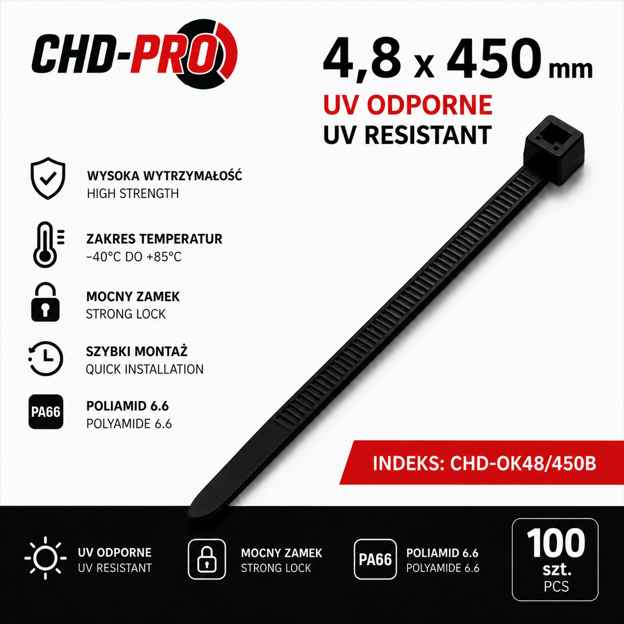 Opaski zaciskowe kablowe 4,8x450 mm trytytki Uv czarne 100 szt Chd-pro