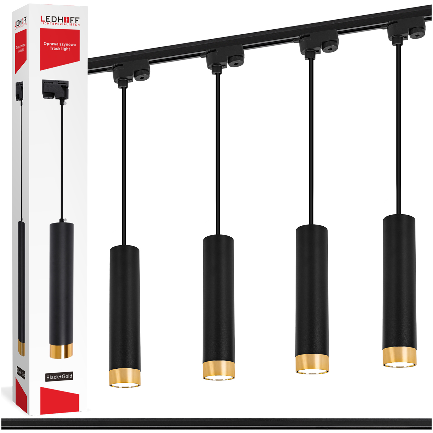 Koľajnicové osvetlenie 4x závesná Led lampa Koľajnica 1 m Tuba GU10 čierna Zlatá