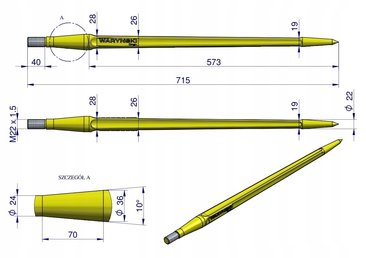 Ząb ładowacza uniwersalny prosty L- 710 mm Tur WARYŃSKI [W9133-710P] Numer katalogowy części W9133-710P
