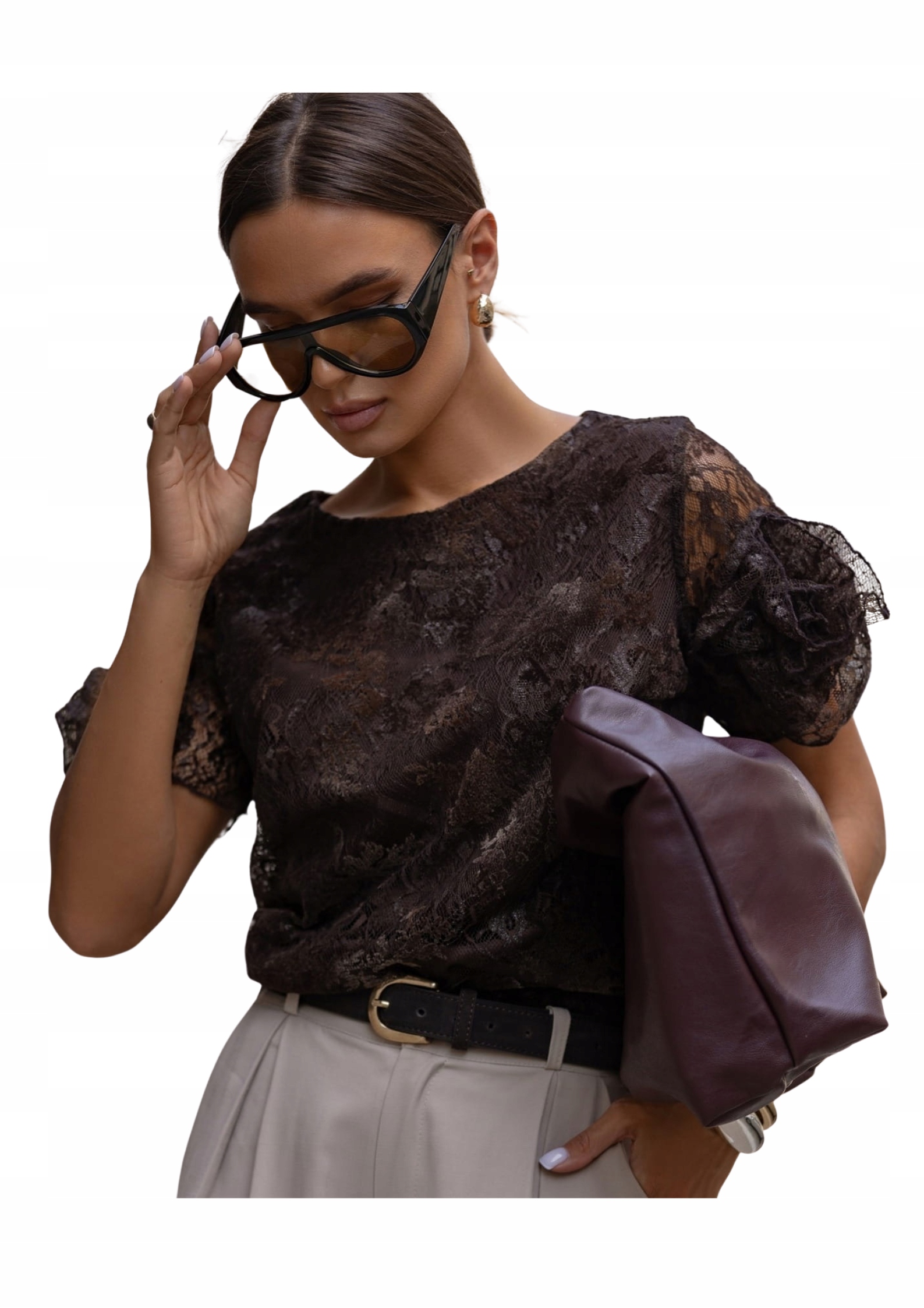 Hnědá halenka s krajkou Cocomore velikost M