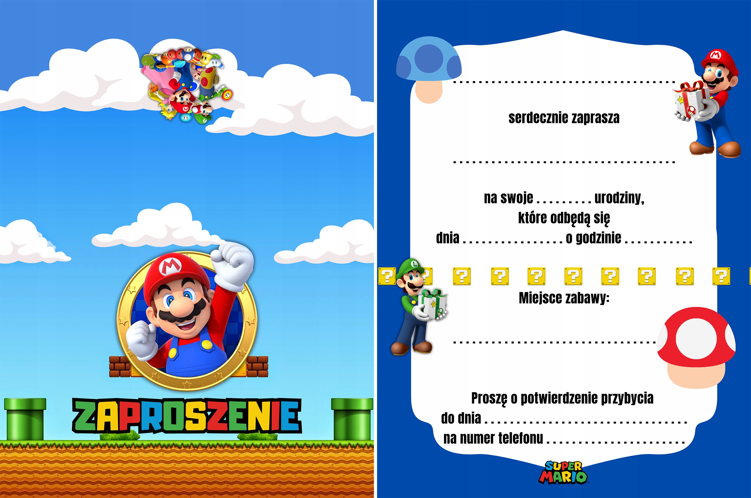 ZAPROSZENIE ZAPROSZANIA MARIO BROS WIELE WZORÓW 20x15 cm Marka inna