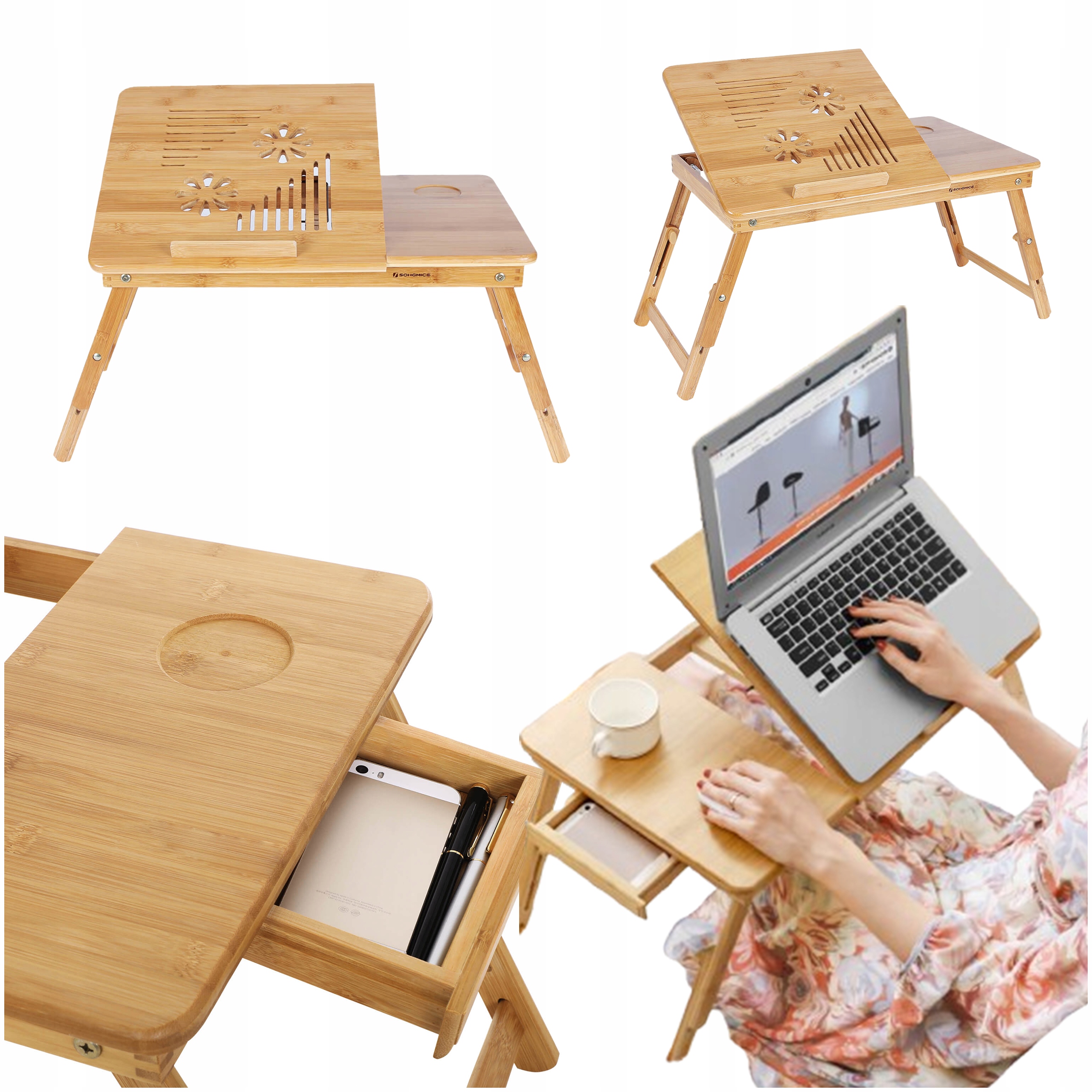 Snídaňový stolek na postel pod notebook k posteli, podnos na nožičkách, dřevěný