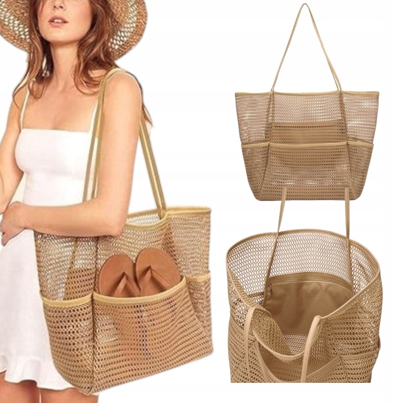 DUŻA TORBA PLAŻOWA PODRÓŻNA SIATECZKOWA MINIMALISTYCZNA