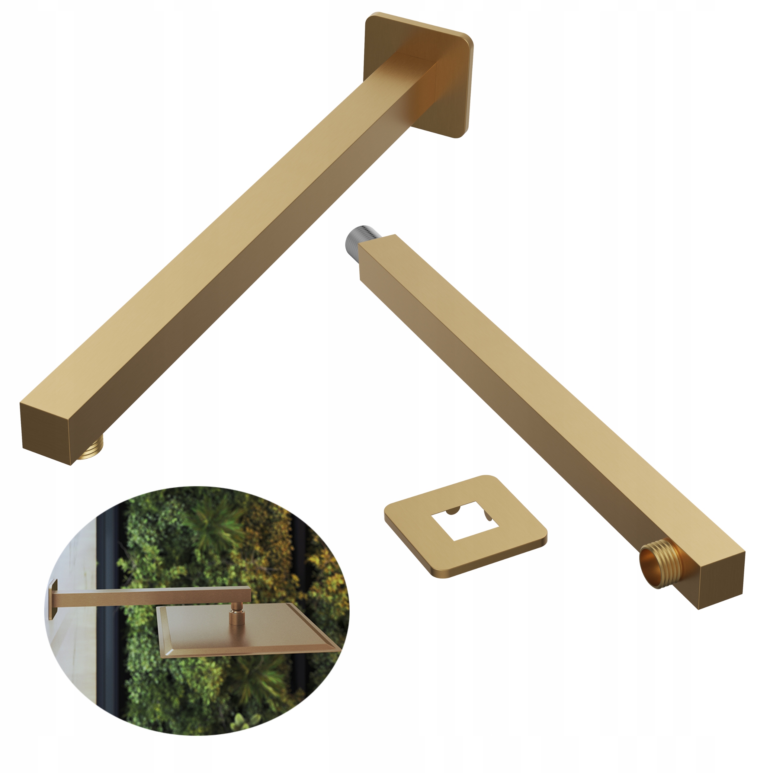 Rameno dešťové sprchy čtvercové, nástěnná sprchová trubka brush gold držák