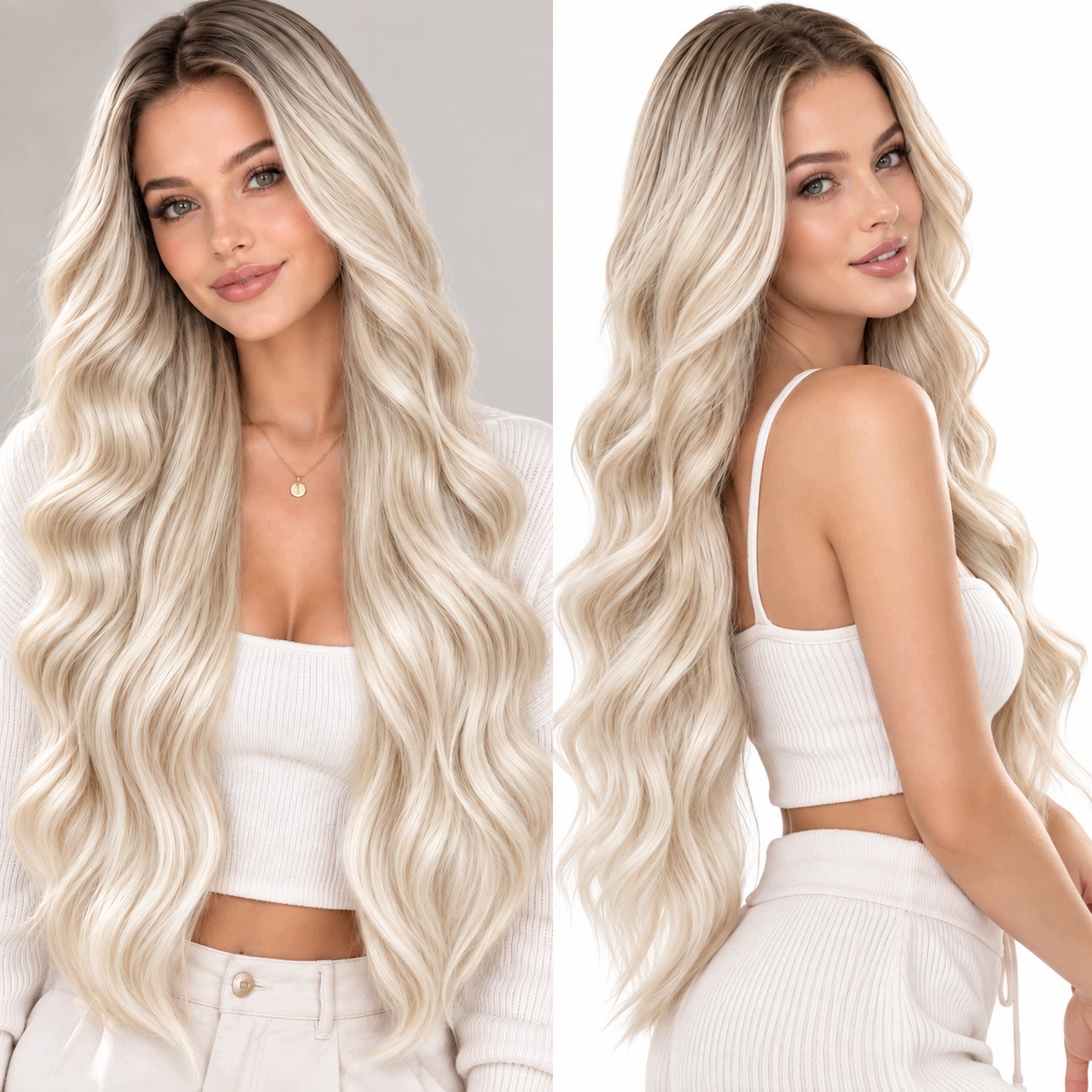 Peruka syntetyczna włosy sztuczne długa Falowana blond z odrostem 80cm 270g