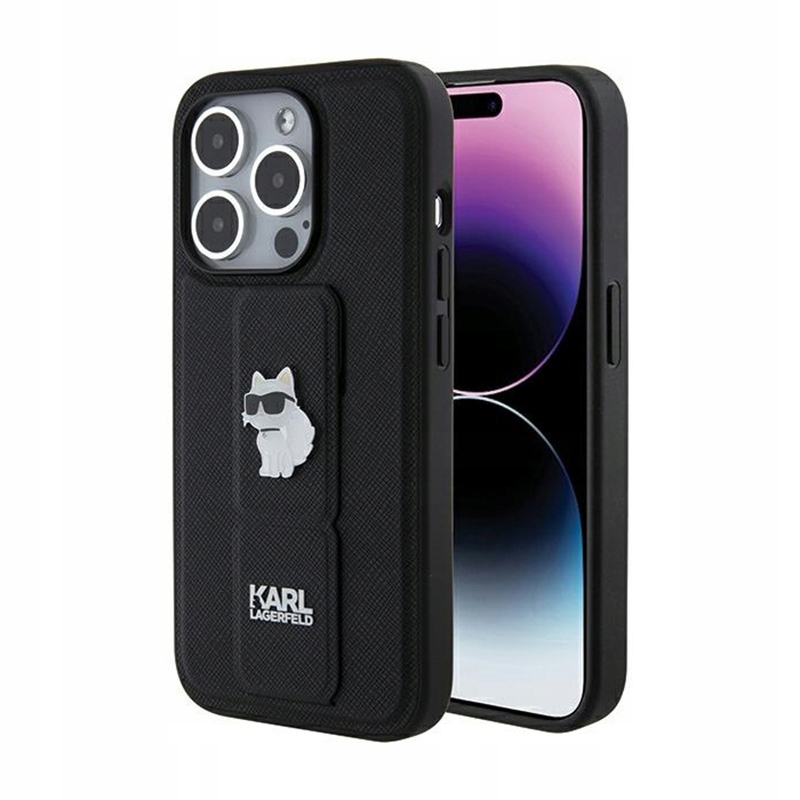 Karl Lagerfeld Gripstand Saffiano Choupette Pins Pouzdro pro iPhone 15 Pro (černé)