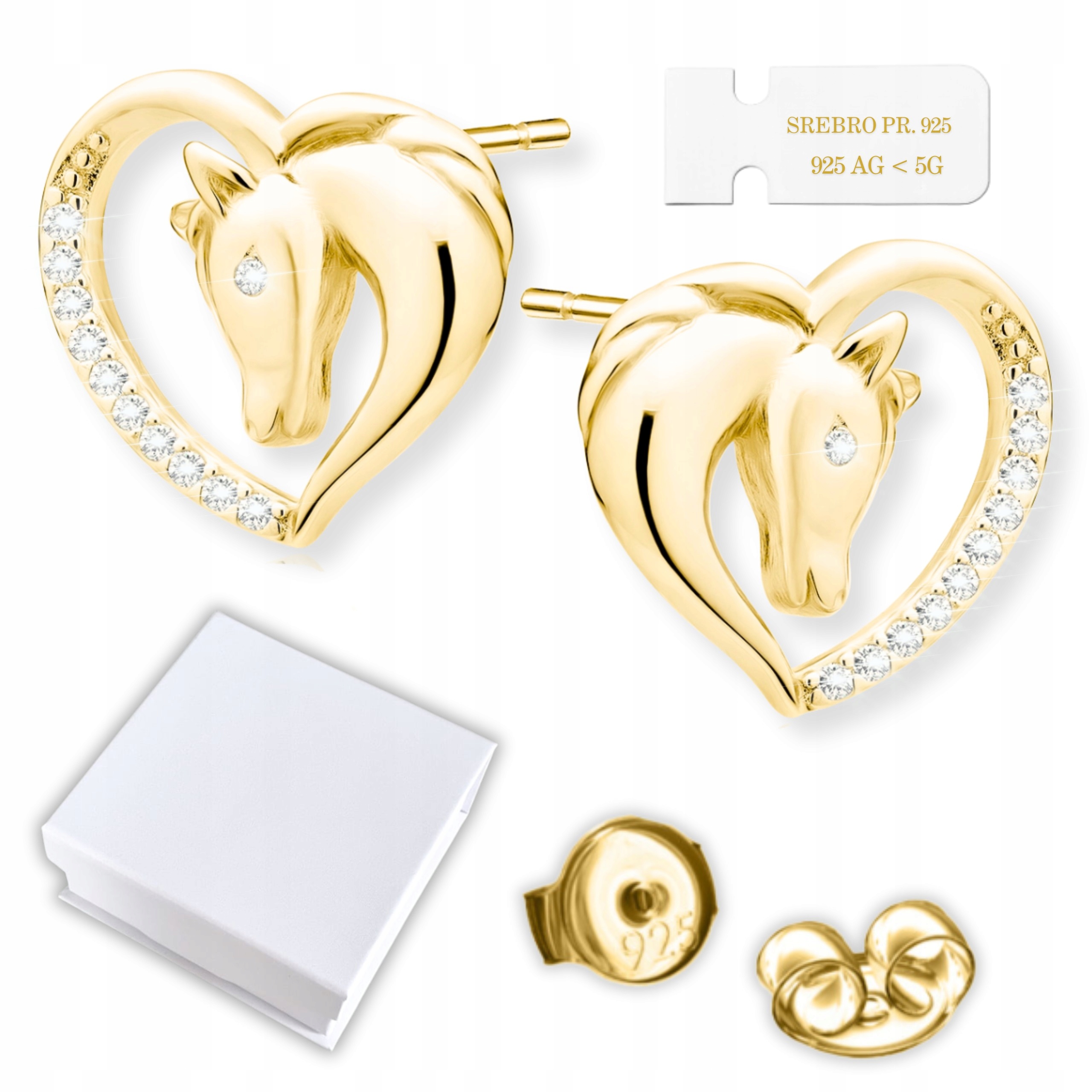 Złote Kolczyki z Koniem Serca z Cyrkoniami Konie Koniki Koń Konik Dziecięce