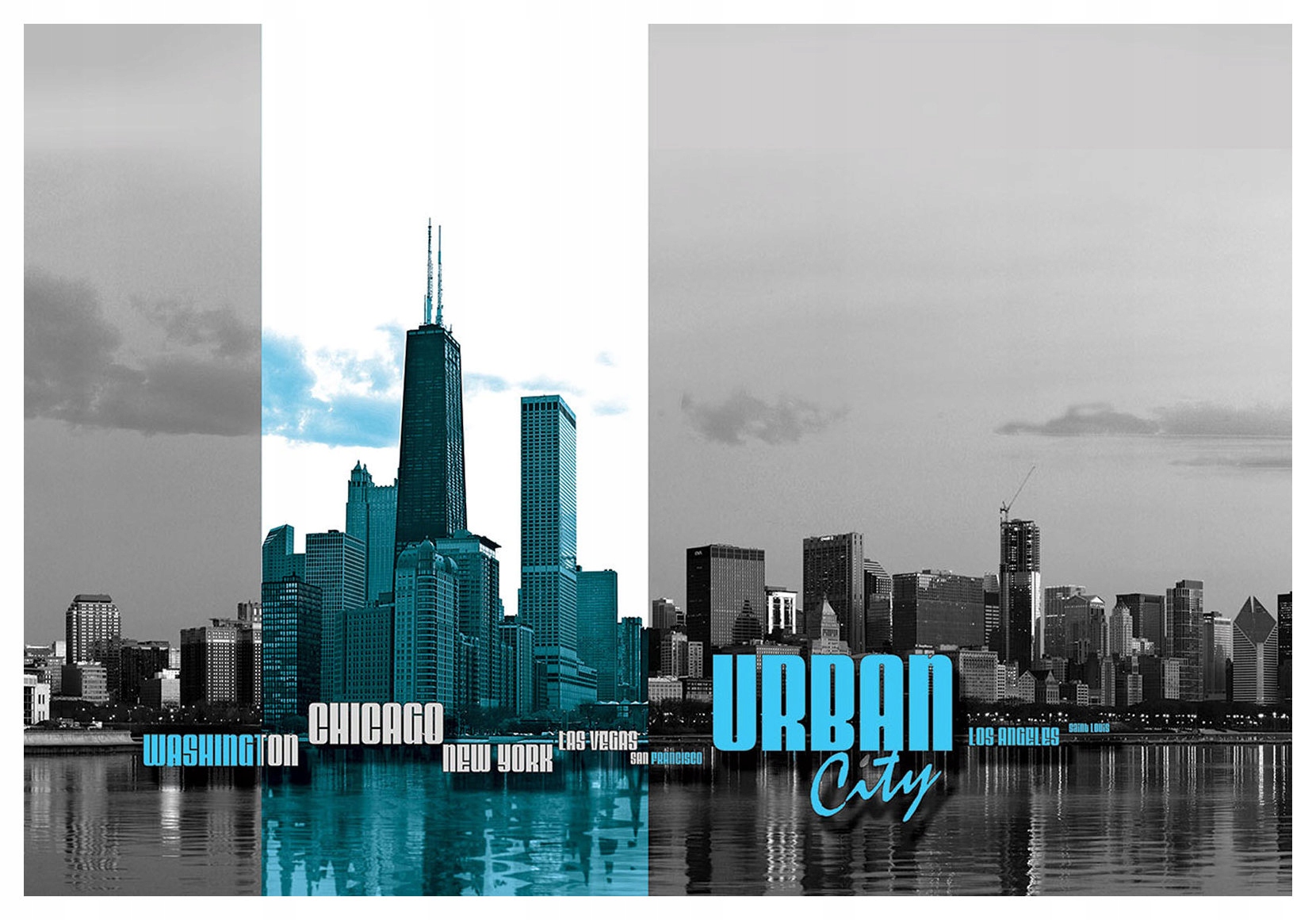 Tapeta Město Černobílé mrakodrapy s tyrkysovým akcentem 200x140