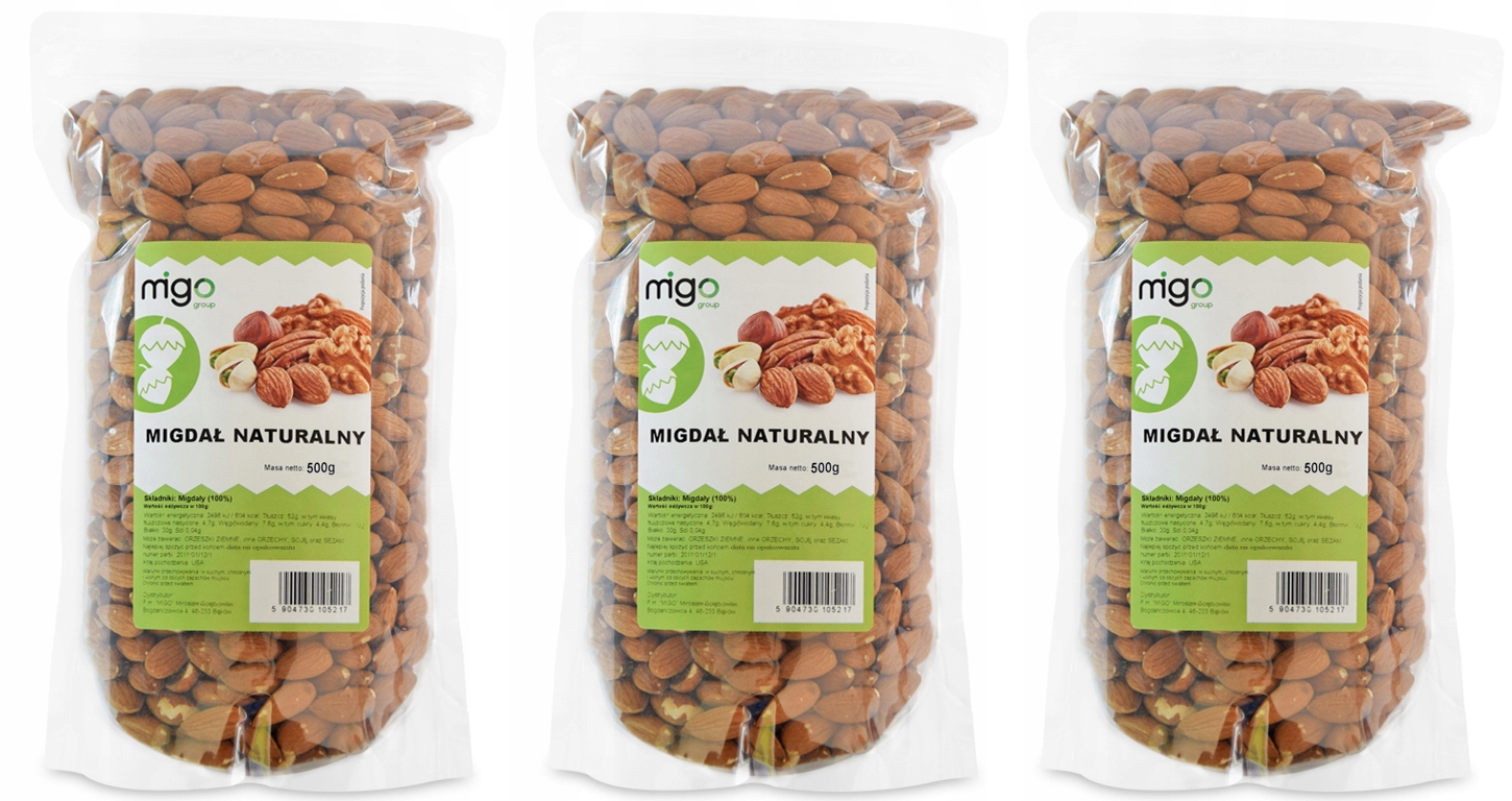 Levně Set x3 Kalifornské Mandle celé 500 g Migo