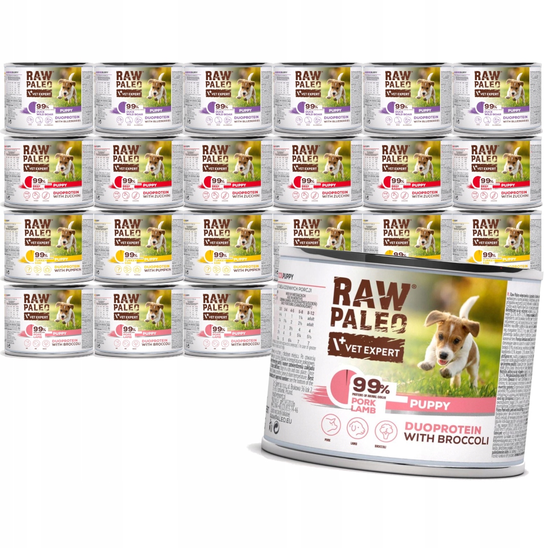 Levně Raw Paleo Puppy Duoprotein Mix Chutí 24x200g Vlhké Krmivo pro štěňata