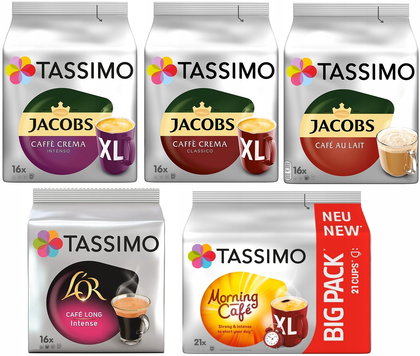 Kapsle Tassimo Jacobs, černá káva XL a Cafe au lait, sada 85 ks