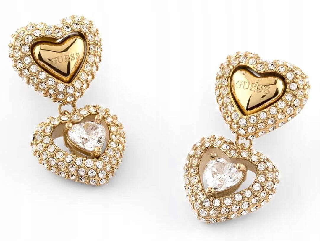 Ocelové Zlaté Náušnice Guess Beloved Křišťály Srdce JUBE05025JWYGT/U
