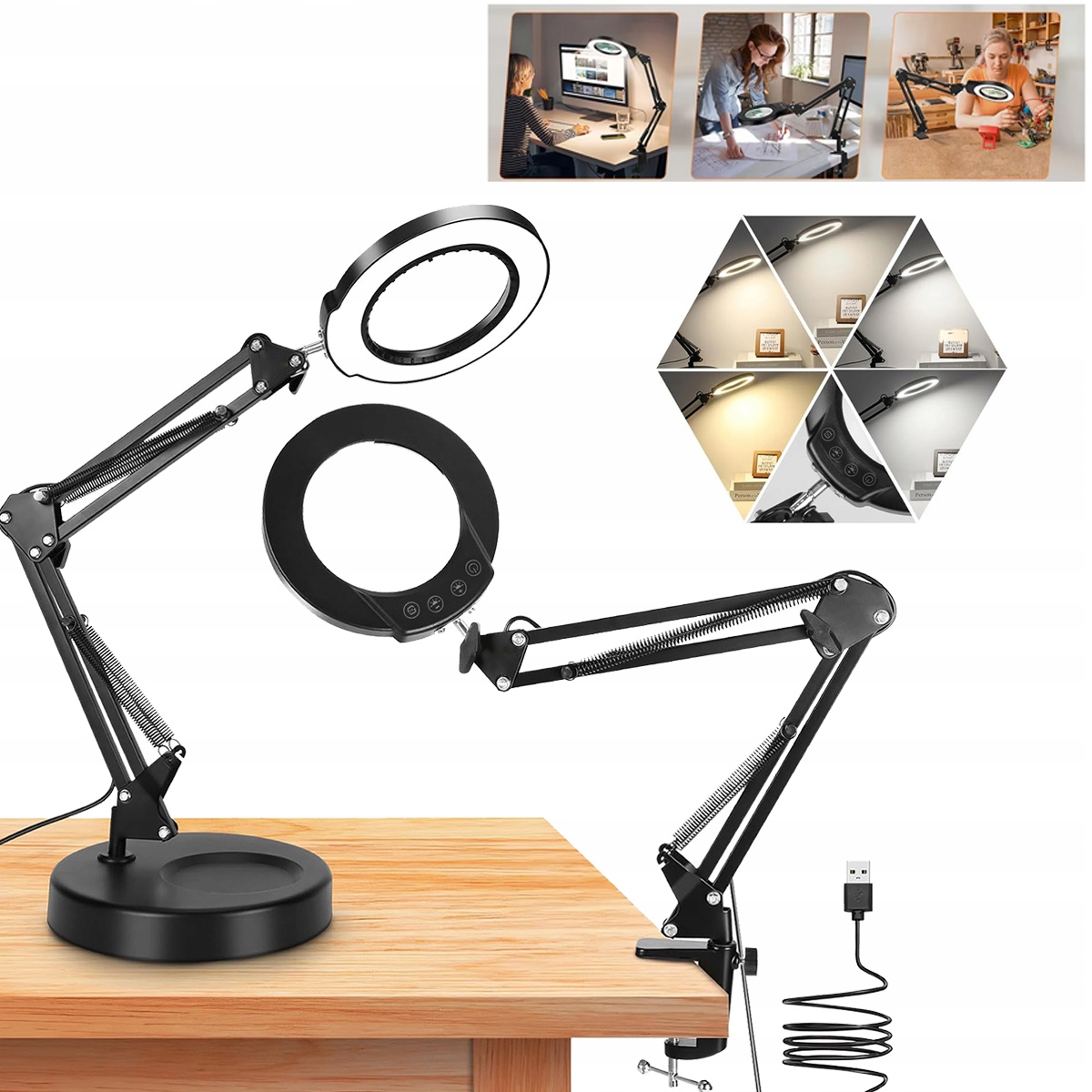 Lampka Na Biurko LED Lampa Kosmetyczna Ściemniacz Lupa Szkło Powiększające