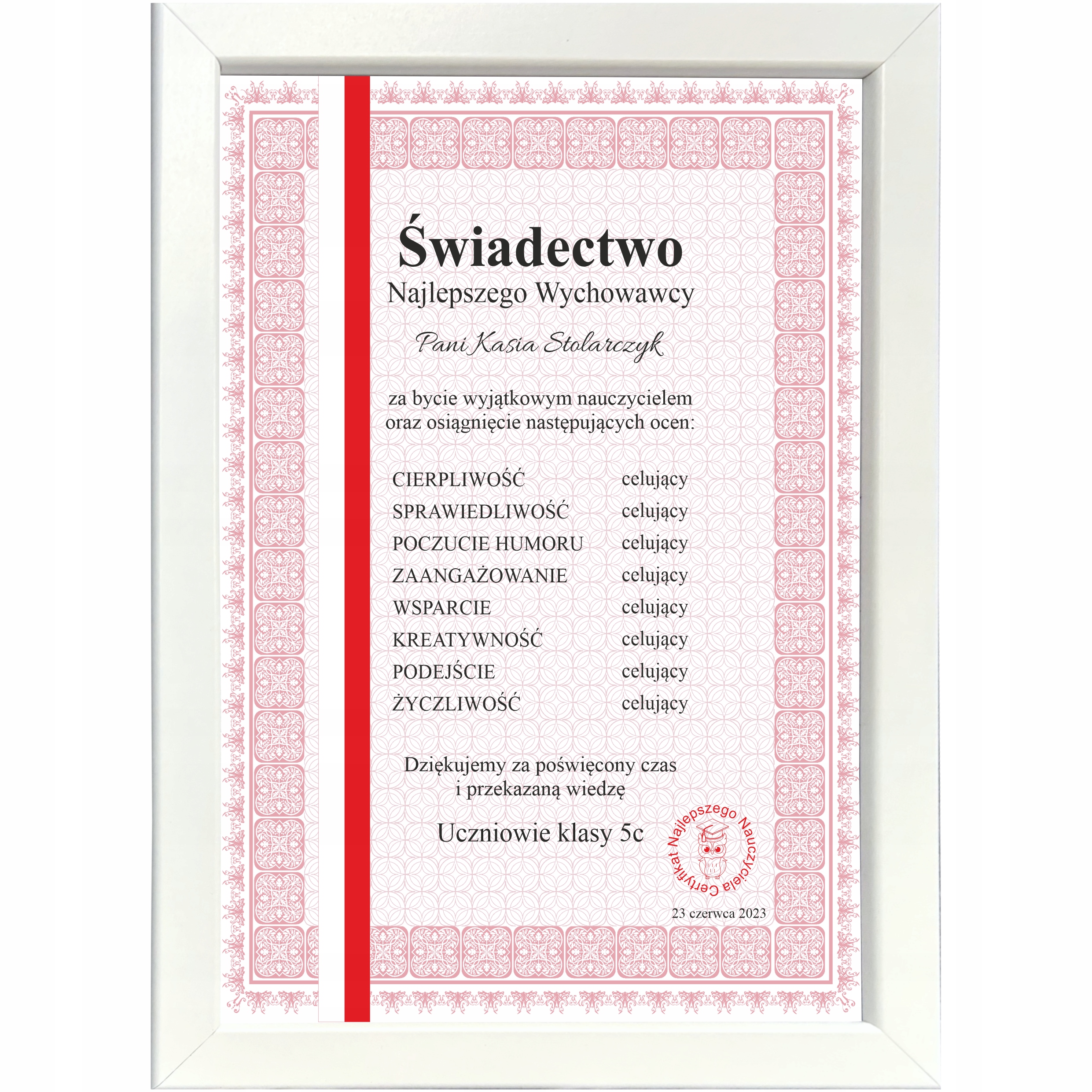 

Podziękowanie dla nauczyciela koniec roku Dyplom