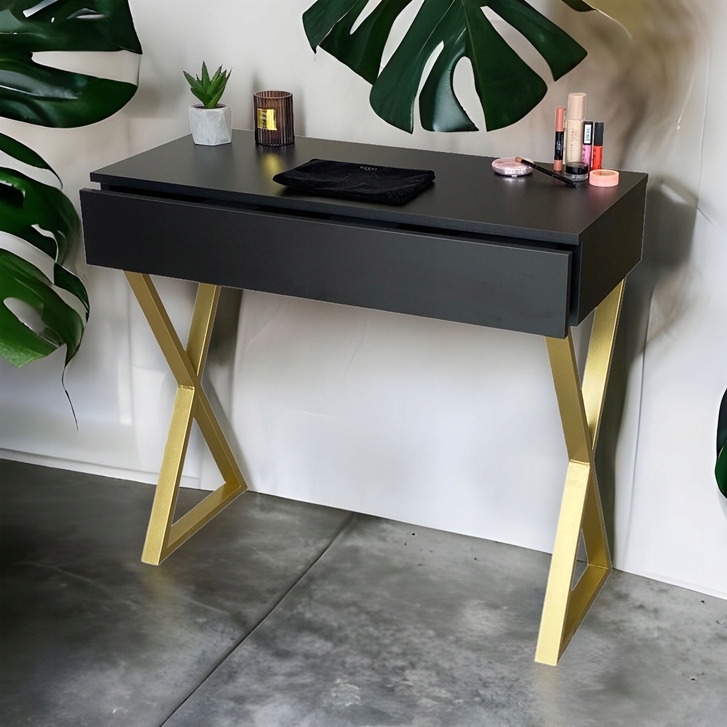 TOALETKA CZARNA MATOWA SZUFLADĄ ZŁOTE X 90CM Marka Meblano