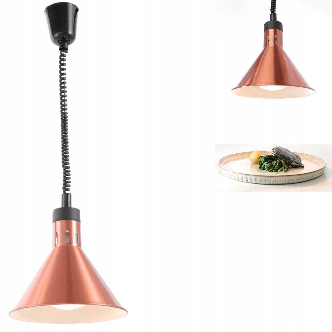 Závěsná lampa na ohřev pokrmů kuželová, měděná, 250W