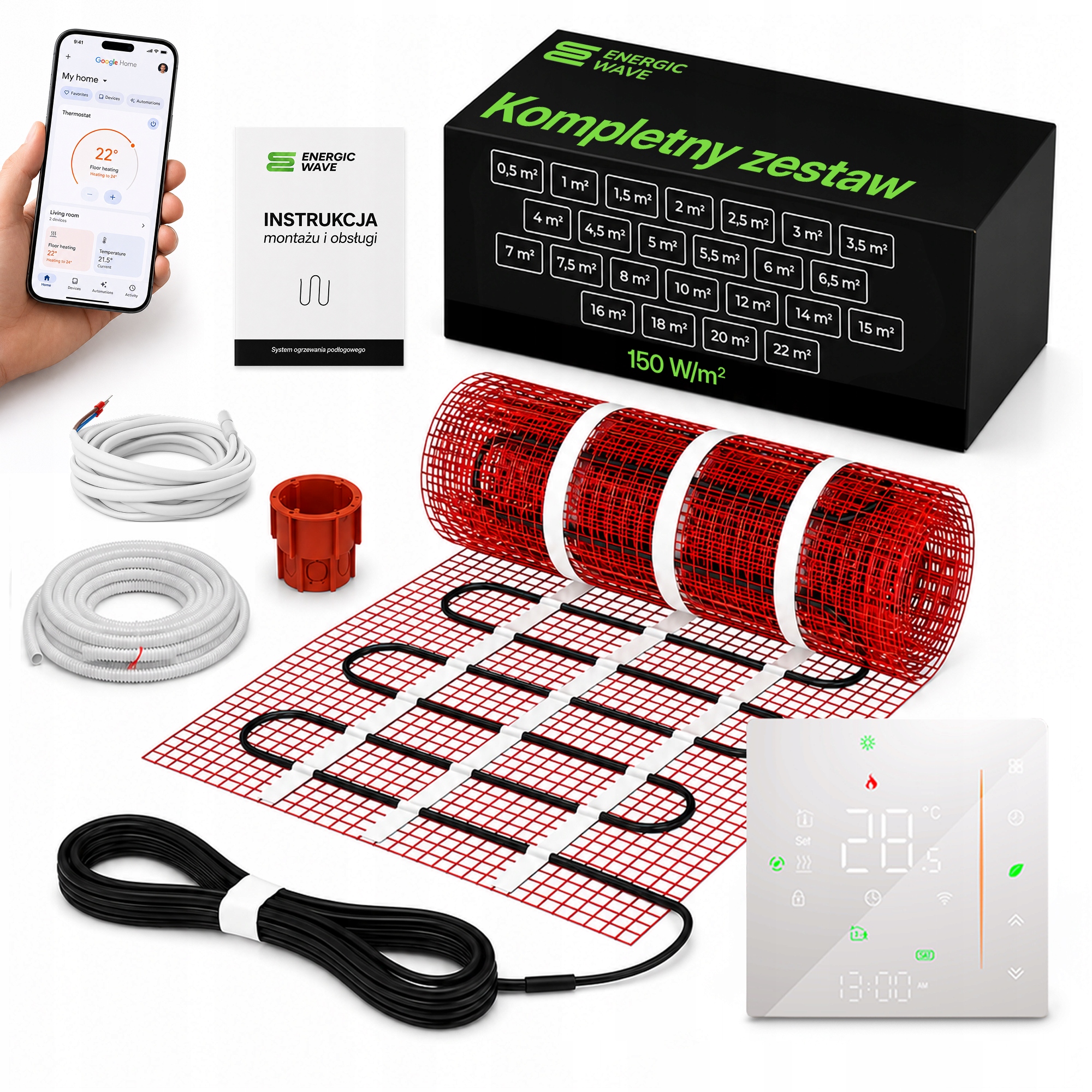 Vykurovacia rohož pod dlaždice 150 W 12 m2 Termostat Wifi Vykurovacia rohož