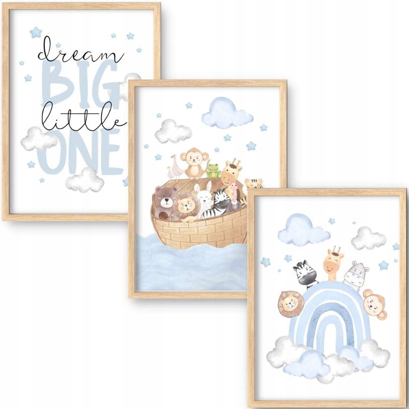 ZESTAW 3 PLAKATÓW 21x30 A4 ARKA NOEGO ZWIERZĄTKA ZWIERZĘTA TĘCZA NIEBIESKIE