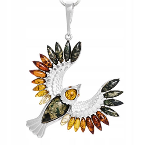 Stříbrný Pták přívěsek fénix holubík s barevným baltský jantar stříbro925