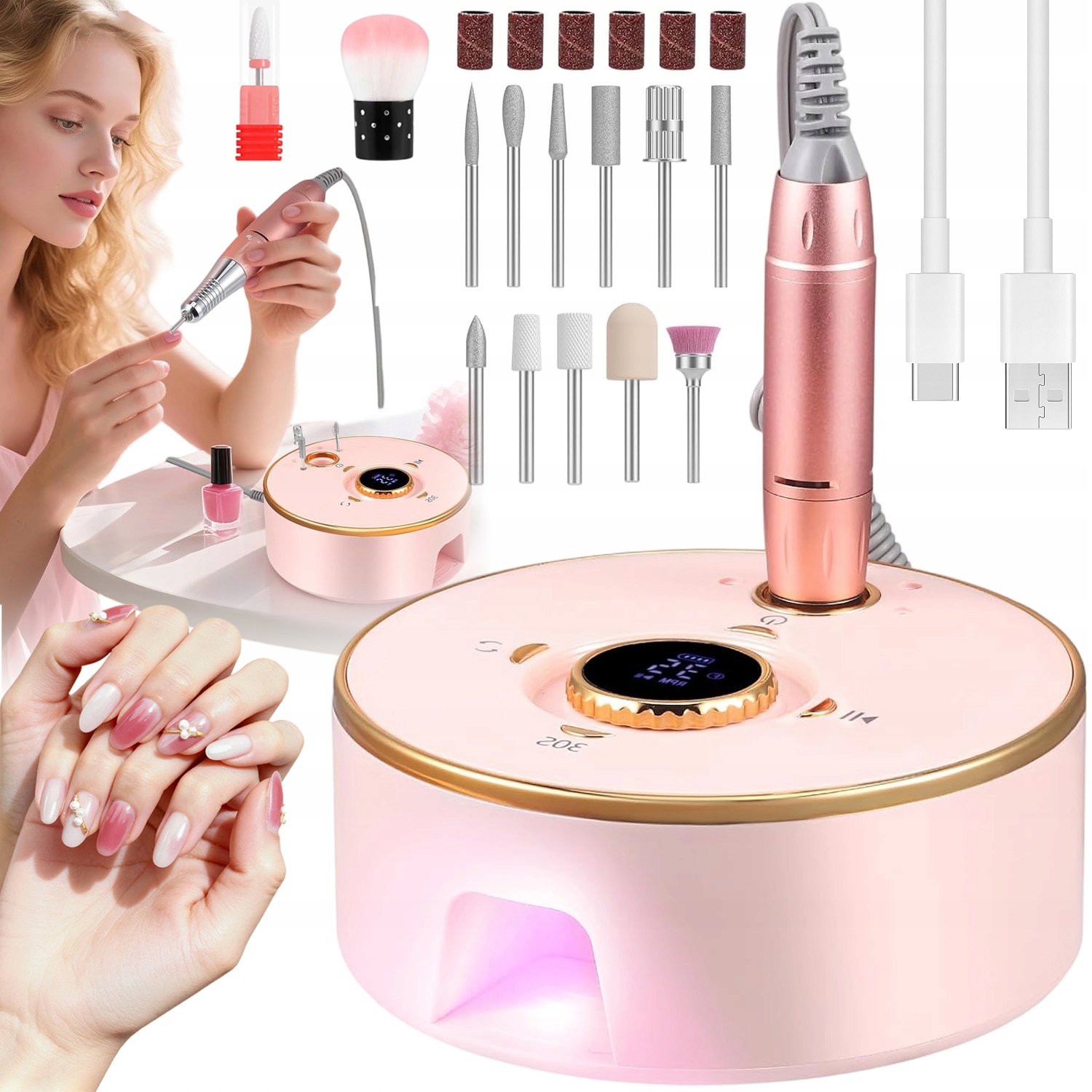 Bruska Na Nehty Manikúra Pedikúra Profesionální Sada Fréz Růžová