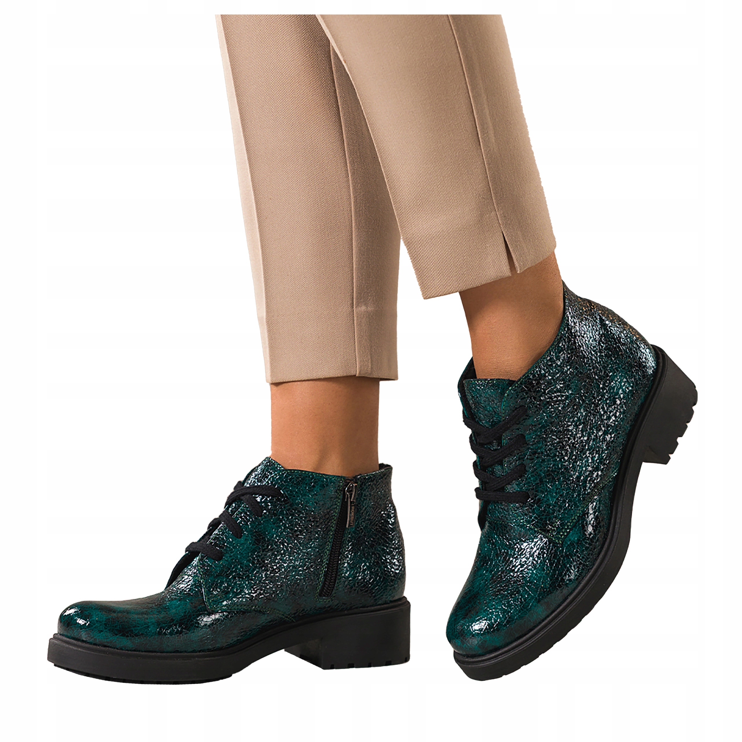 Kožené Kotníkové Boty Zelené Dámské Vzor Hadí Šněrované Lakované vel. 40