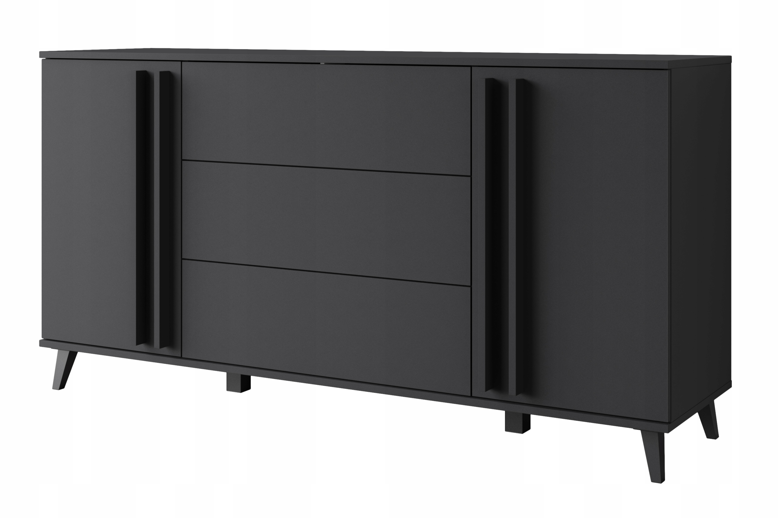 Komoda 150 cm na nožkách do obývacího pokoje se zásuvkami a skříňkami matná černá
