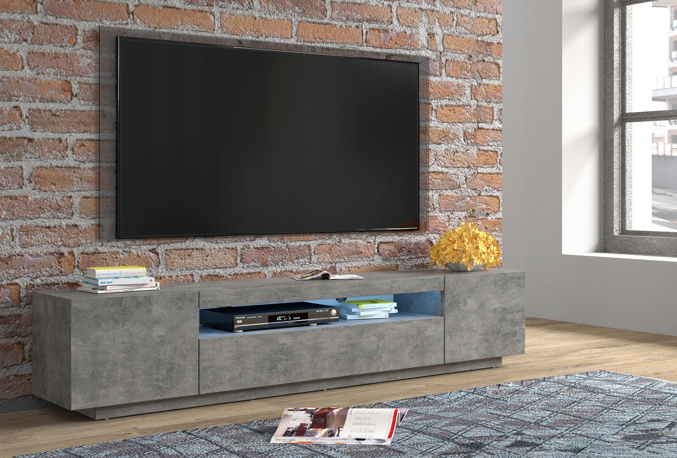 Szafka RTV 200 cm stojąca beton + oświetlenie LED Głębokość mebla 37 cm