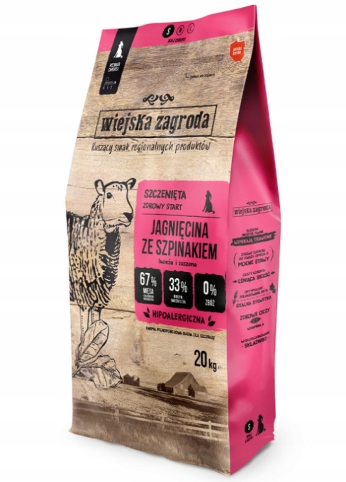 Levně Wiejska Zagroda Suché Krmivo pro psy jehněčí Špenát štěně S 20 kg
