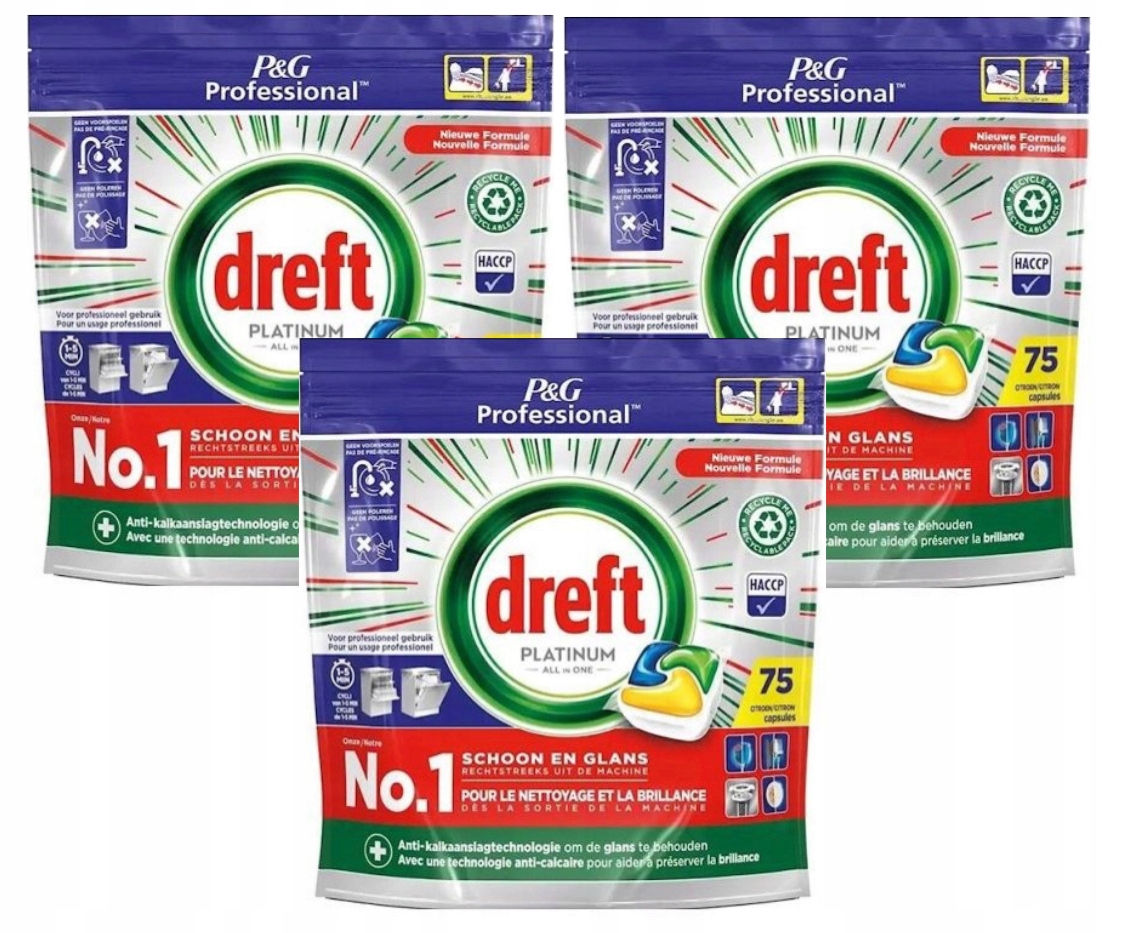 Levně Dreft Platinum Lemon All in One Kapsle do myčky nádobí 225 ks citronové 3x75