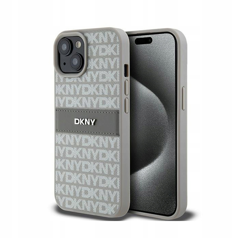 Pouzdro kryt Dkny s monochromatickými pruhy a kovovým logem – iPhone 15 Plus 14 Plus (béžový)
