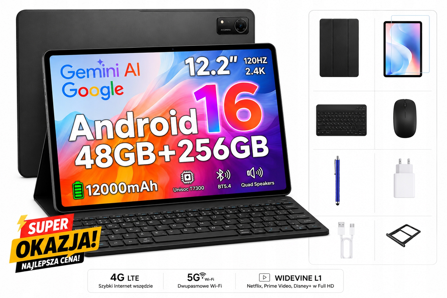 4G Tablet 12'' Aorlym AP12Pro 48+256GB 2.4K Android 16 12000mAh klávesnice+pouzdro