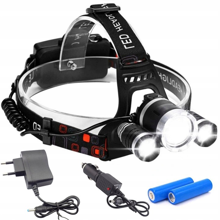 MOCNA LATARKA CZOŁOWA 3x LED REFLEKTOR NA GŁOWĘ AKUMULATOROWA CZOŁÓWKA
