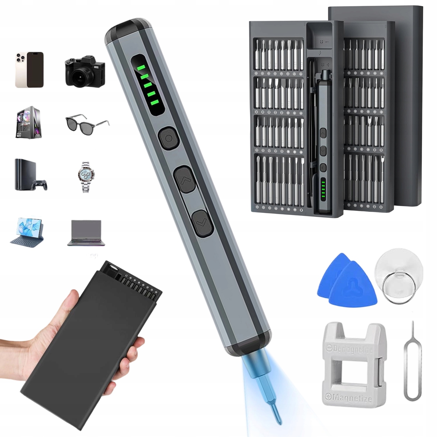 74V1 Miniaturní Elektrický Šroubovák S 64 Magnetickými Led Bity 350 Mah