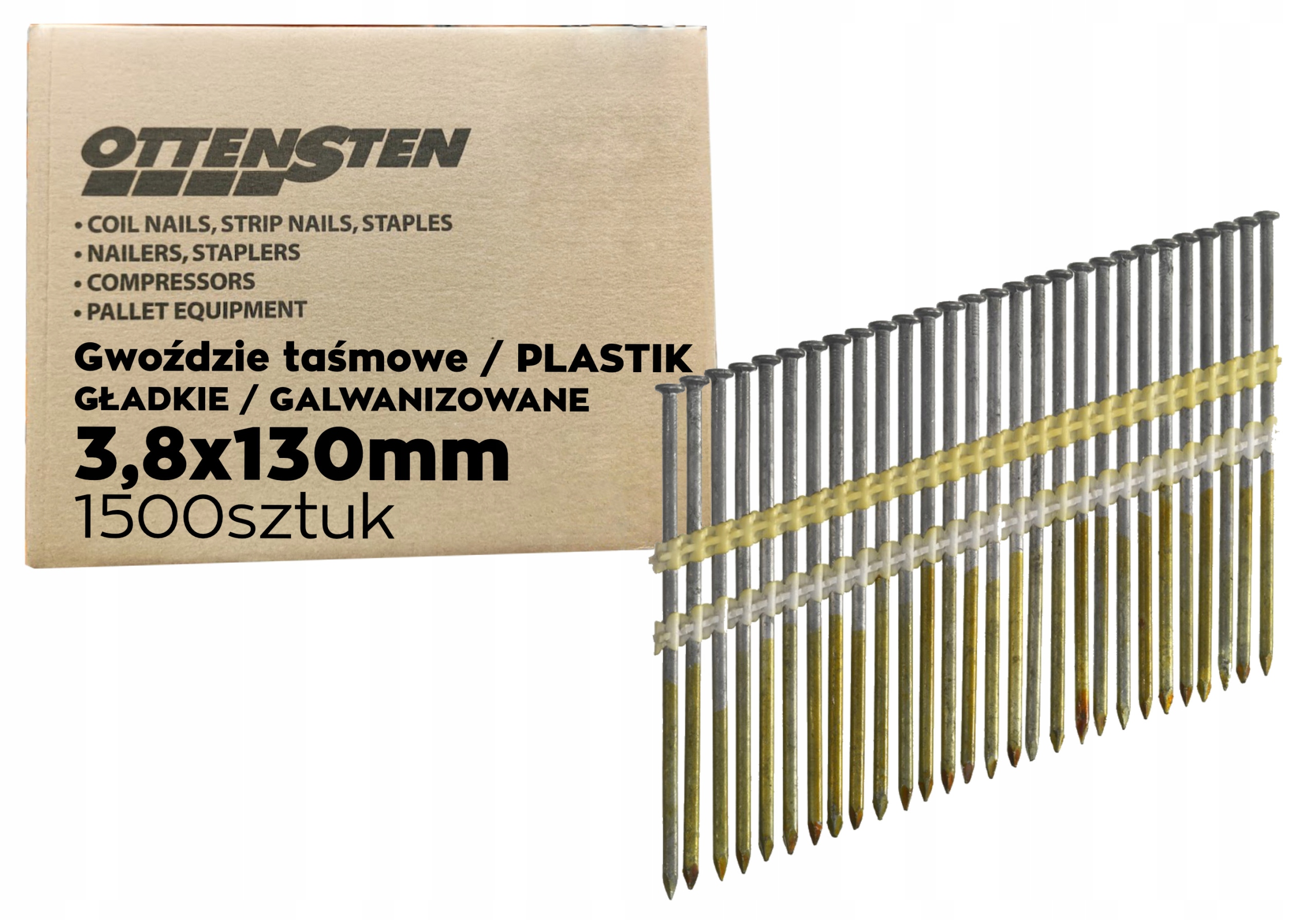 GWOŹDZIE ŁĄCZONE PLASTIKIEM 3,8X130mm 1,5tys gładkie galw gwoździarka