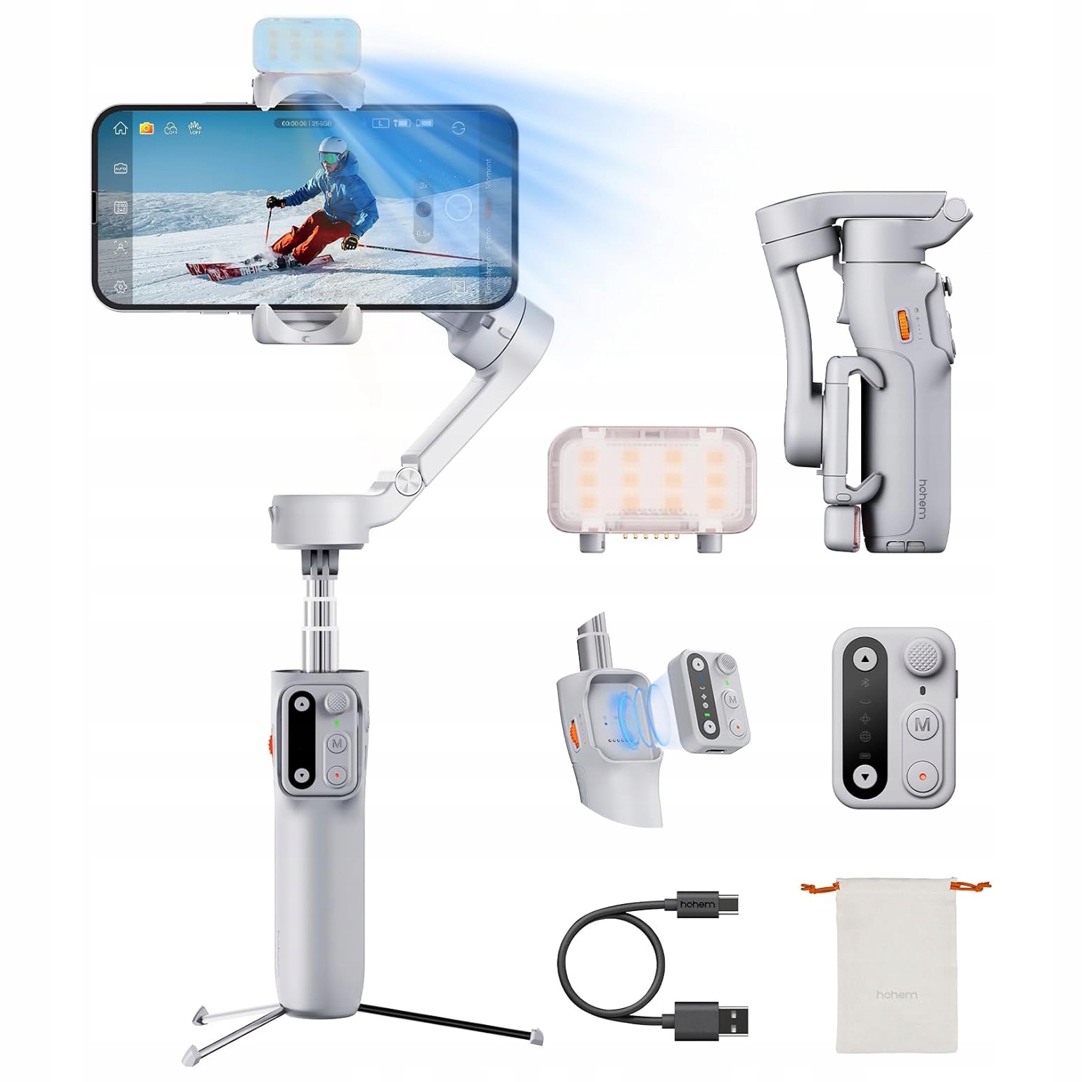Hohem iSteady X3 szary Gimbal 3-osiowy do telefonu, lampa Led, wysięgnik