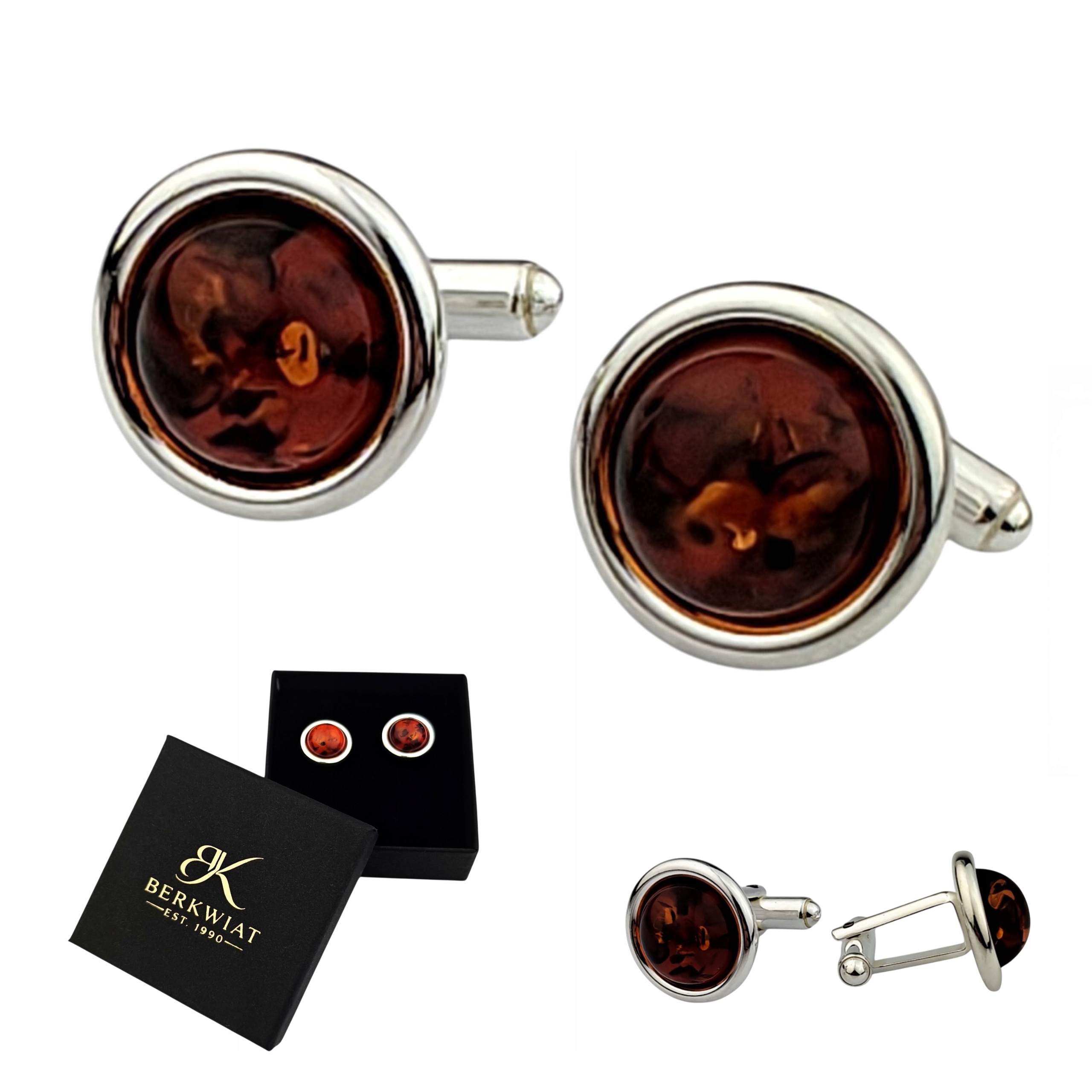 Manžetové knoflíčky na košili, stříbro, koňakový jantar, elegantní