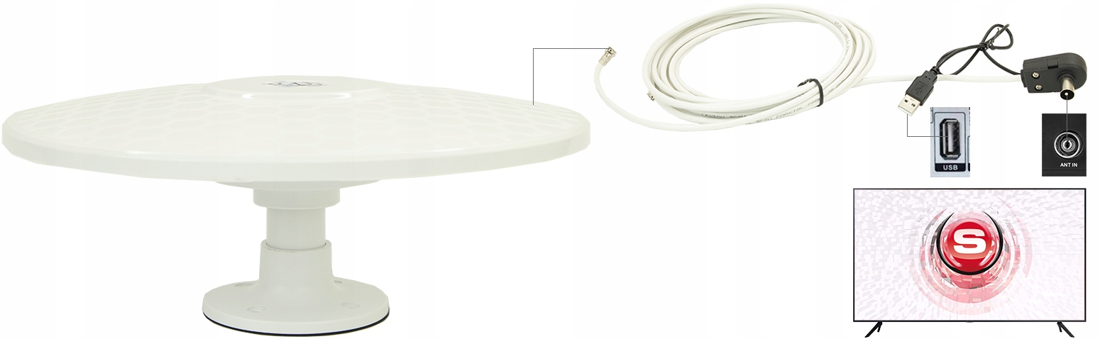 ANTENA TV DVB-T2 NA KEMPING DO KAMPERA BUS TIR AUTO DVB T DVB-T2 BIAŁA USB Numer katalogowy części Mon00498